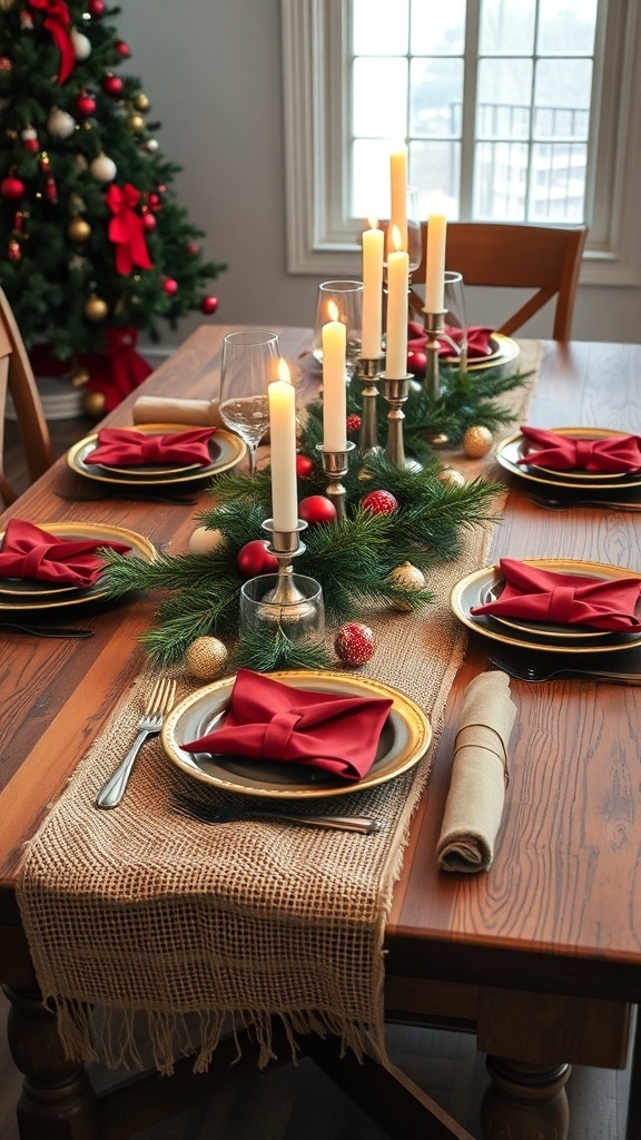 A Christmas table setting on a wooden table with burlap runner, greenery, candles, and festive tableware.